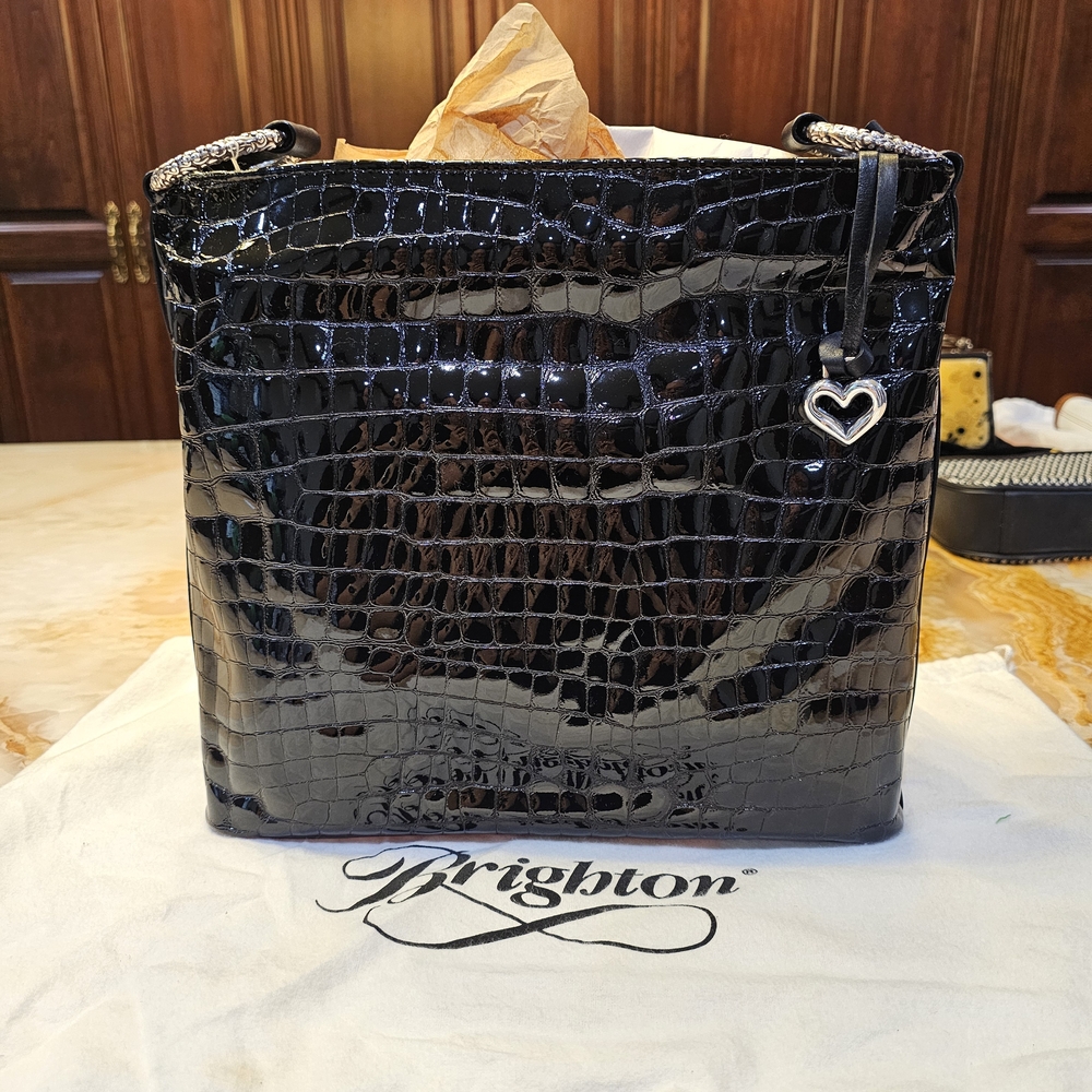 Brighton Black Croc-Embossed Leather Large Shoulder Bag